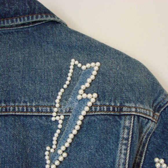 Sandro Denim Jean Jacket Pearl Embellished Lightning Bolt Size 42 FR or 10 - Picture 13 of 16